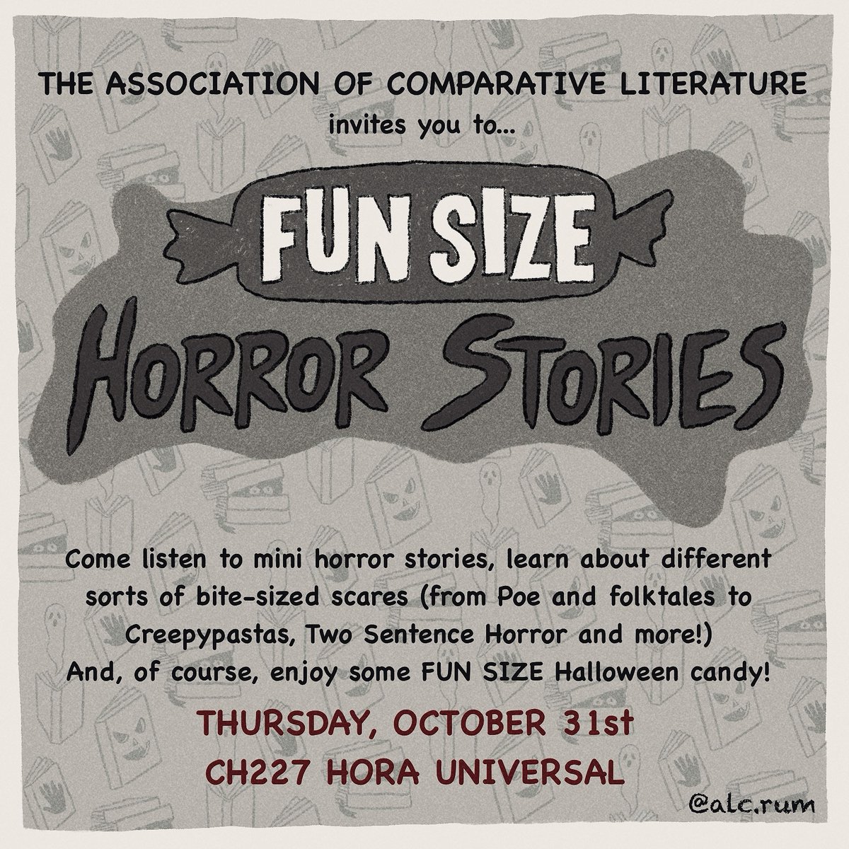 Tomorrow!! 
We'll be listening to mini horror stories including some creepy animations and audio! We'll also be learning about various kinds of short horror such as folktales, fairytales, ghost stories, and creepypastas!

10:30am-11:30am🎃🎃🎃