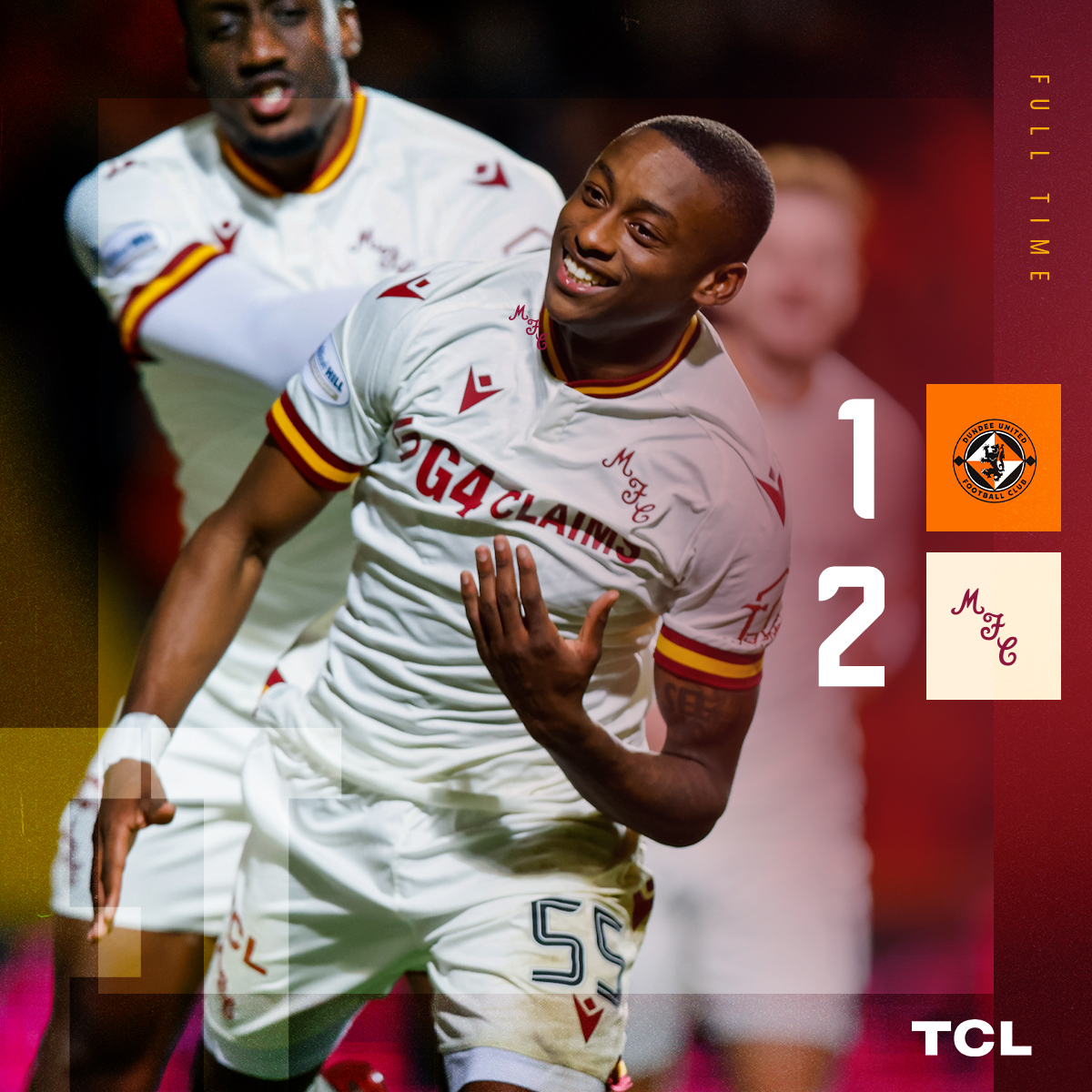 MotherwellFC's tweet photo. Full-time!

A Maswanhise double sends us up to 4th!

Dundee united 1 - 2 Motherwell. https://t.co/MjZyRErxno