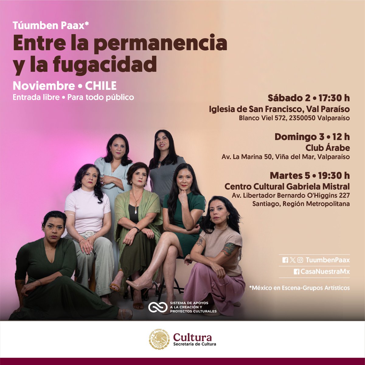 🎤¡El sexteto vocal <a href="/TuumbenPaax/">Túumben Paax</a> (México en Escena) presentará el espectáculo “Entre la permanencia y la fugacidad” en escenarios de Chile!

📅2 a 5 de noviembre
🇨🇱Santiago, Villa del Mar y Valparaíso
🎟Entrada libre

<a href="/cultura_mx/">Secretaría de Cultura</a>