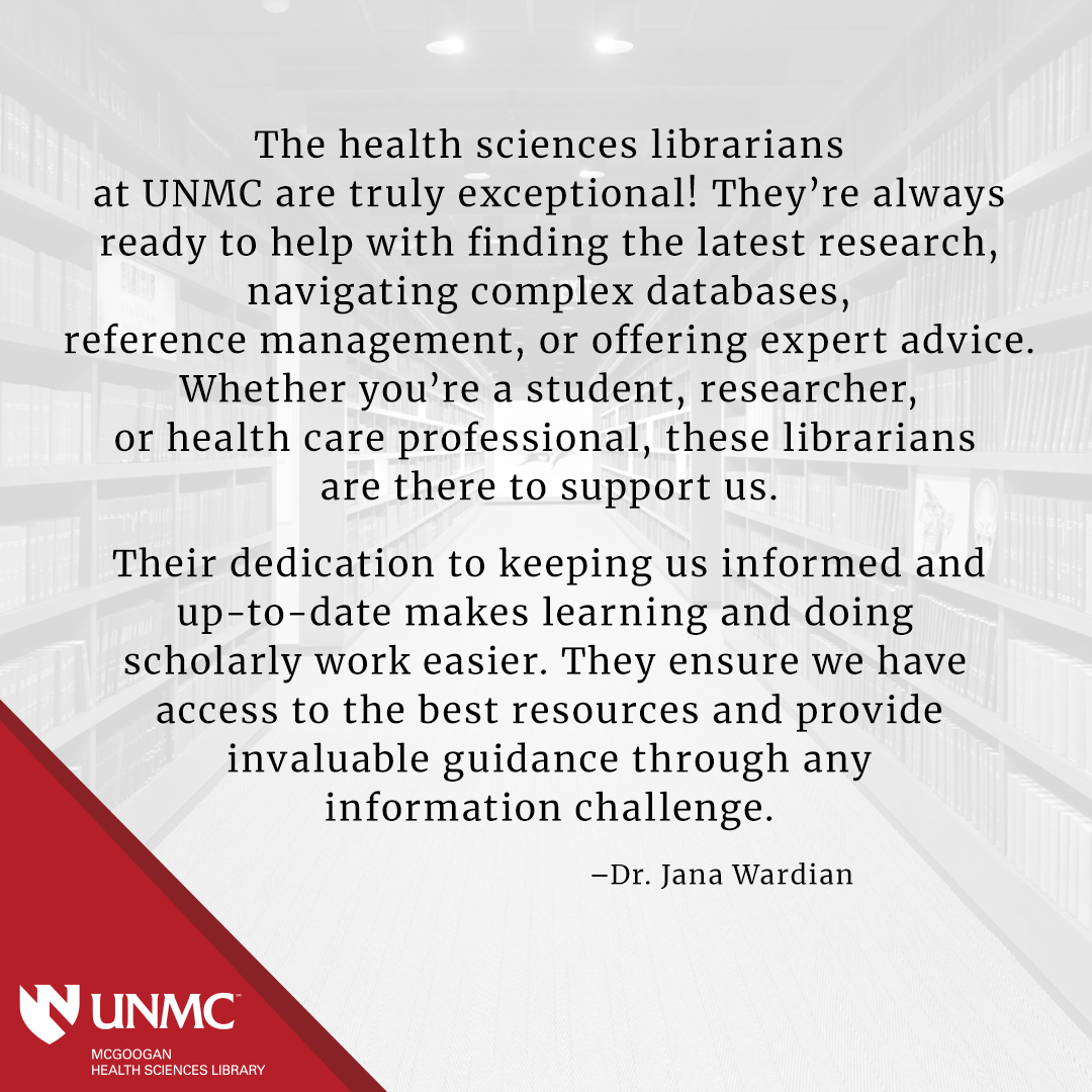 McGoogan Library (@unmclibrary) on Twitter photo 3/4: Thank you Dr. Wardian (<a href="/UNMC_IAE/">UNMC Interprofessional Academy of Educators</a>) for sharing why McGoogan librarians are exceptional! P.S. we concur. 😉
Learn how librarians can assist <a href="/unmc/">University of Nebraska Medical Center</a> students, faculty and staff: unmc.edu/library
<a href="/MedLibAssn/">Medical Library Assn</a>
#MedicalLibrariansMonth #McGooganLibrary #MedLibs #NMLM 3/4: Thank you Dr. Wardian (<a href="/UNMC_IAE/">UNMC Interprofessional Academy of Educators</a>) for sharing why McGoogan librarians are exceptional! P.S. we concur. 😉
Learn how librarians can assist <a href="/unmc/">University of Nebraska Medical Center</a> students, faculty and staff: unmc.edu/library
<a href="/MedLibAssn/">Medical Library Assn</a>
#MedicalLibrariansMonth #McGooganLibrary #MedLibs #NMLM