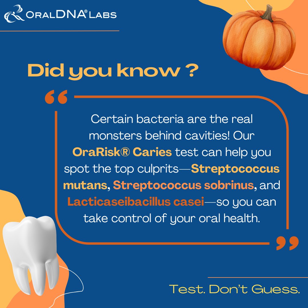 OralDNA's tweet photo. 🎃 Did you know? Certain bacteria are the real monsters behind cavities! OraRisk® Caries can ID the top culprits—Streptococcus mutans, Streptococcus sobrinus, and Lacticaseibacillus casei. Test. Don't Guess. https://t.co/UQqUD7OWLf

#orariskcaries #KnowYourBacteria #OralHealth https://t.co/aMsg4y4u2Q
