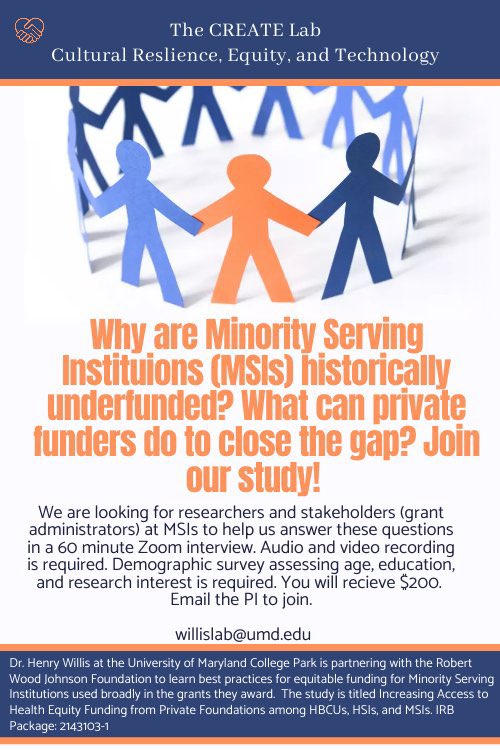 The CREATE Lab at UMD (@thecreatelabumd) on Twitter photo 🚨 Calling MSI stakeholders in health equity research or grants management! 🚨 <a href="/TheCREATELabUMD/">The CREATE Lab at UMD</a> & <a href="/RWJF/">RWJF</a> are conducting interviews to enhance grant policies for MSIs. If you're interested in a 60 min interview + short survey, DM or email us at willislab@umd.edu #healthequity 🚨 Calling MSI stakeholders in health equity research or grants management! 🚨 <a href="/TheCREATELabUMD/">The CREATE Lab at UMD</a> & <a href="/RWJF/">RWJF</a> are conducting interviews to enhance grant policies for MSIs. If you're interested in a 60 min interview + short survey, DM or email us at willislab@umd.edu #healthequity