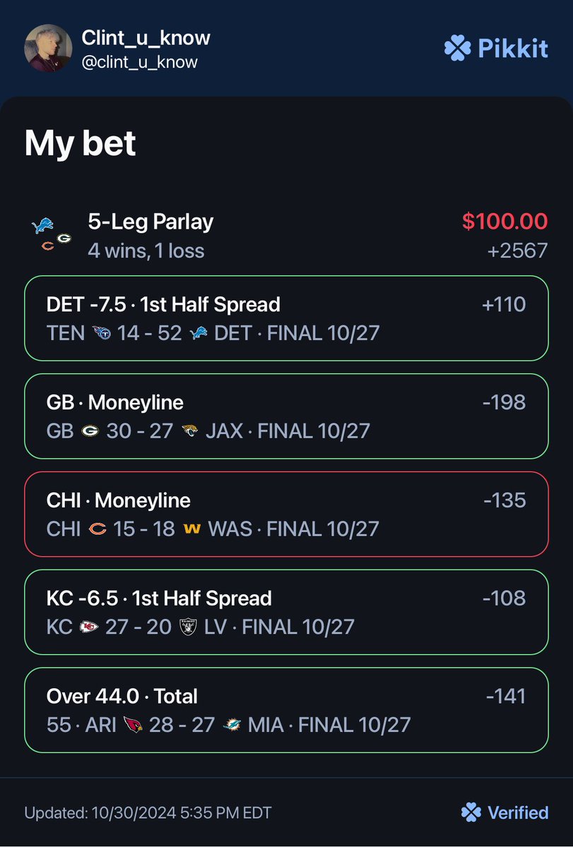 Clint_u_know's tweet photo. @BookitWithTrent @pikkitsports $100 to pay $2.5k … but the bears had other plans I guess 😒 https://t.co/2DFwsBiT8R