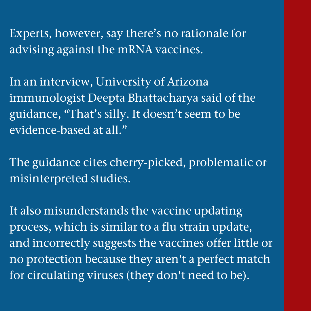 factcheckdotorg's tweet photo. Floridaโs 2024-2025 COVID-19 Vaccine Guidance Misunderstands, Distorts Existing Science (4/4)
Full story here: https://t.co/zATK0ekRl6
#Florida #scicheck https://t.co/u8jbzemypV