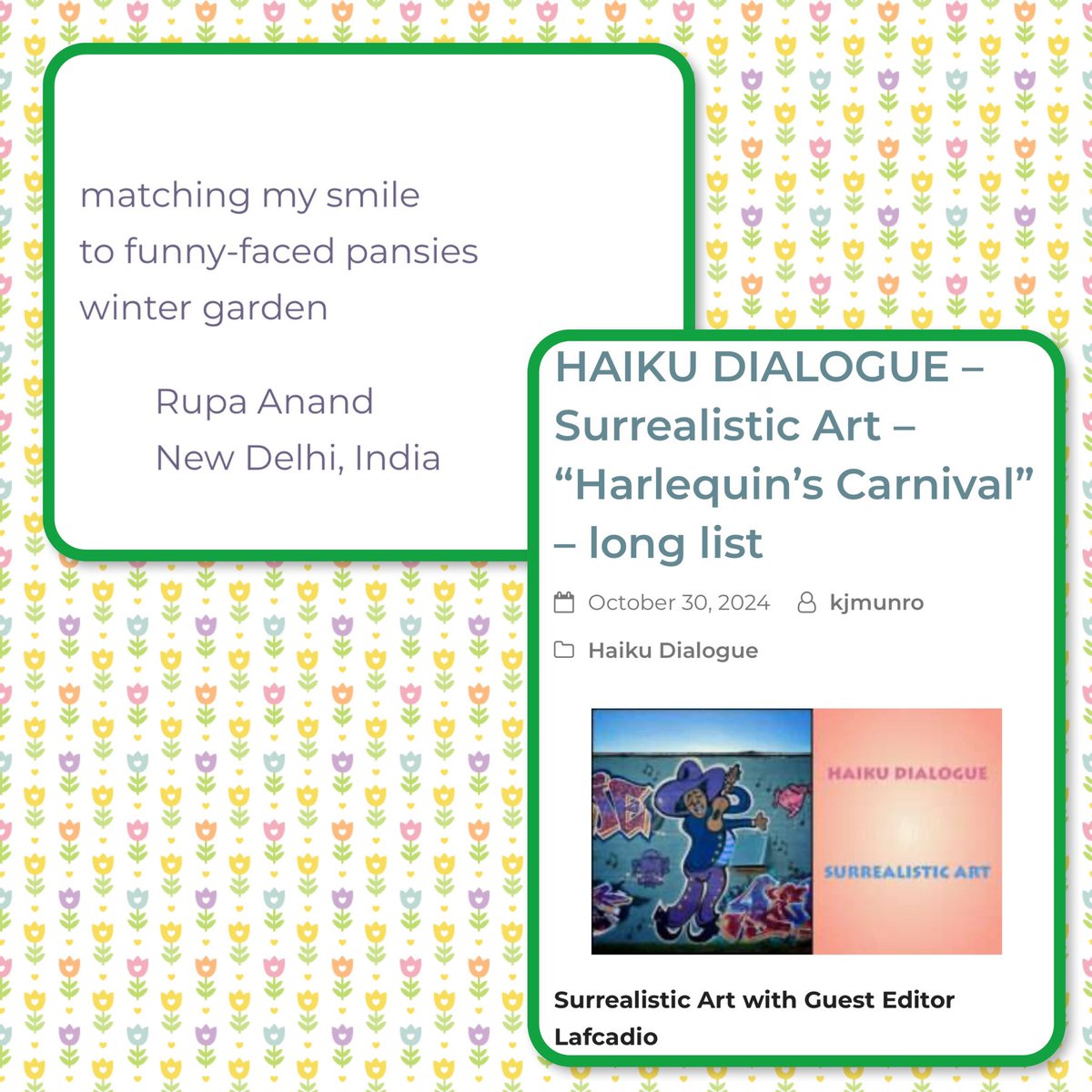 Delighted to be in The Haiku Foundation’s Haiku Dialogue.   Theme: Surrealism and the painting “Harlequin’s Carnival”. 
painted in 1924 by Joan Miró. Thanks to Guest Editor Lafcadio. Congratulations to all featured poets.
thehaikufoundation.org/haiku-dialogue…