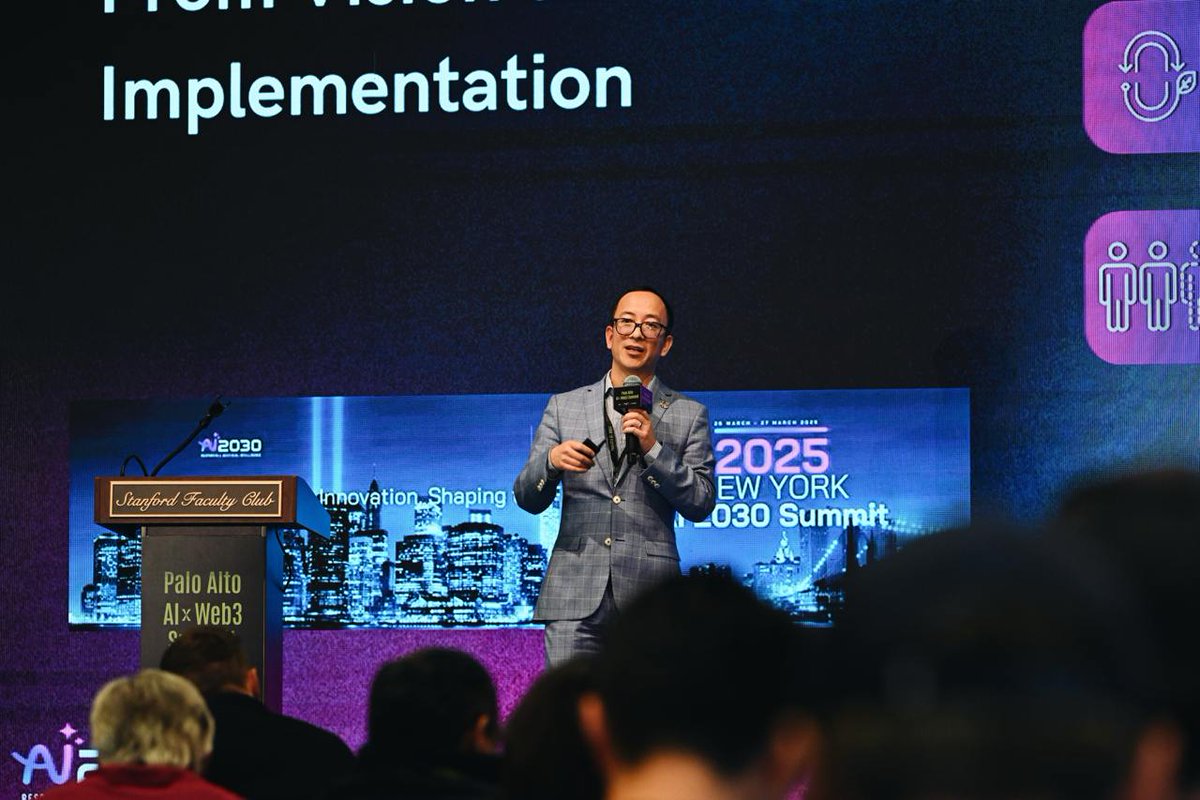 Insightful keynote from Xiaochen Zhang <a href="/FT4GXiaochen/">Xiaochen Zhang</a>, Chief AI Officer of AI2030 <a href="/AI2030Official/">AI2030</a>, presenting "Turning Responsible AI into Real-World Action" at the Palo Alto AI x Web3 Summit. He’s exploring the journey from theoretical principles to impactful, responsible AI