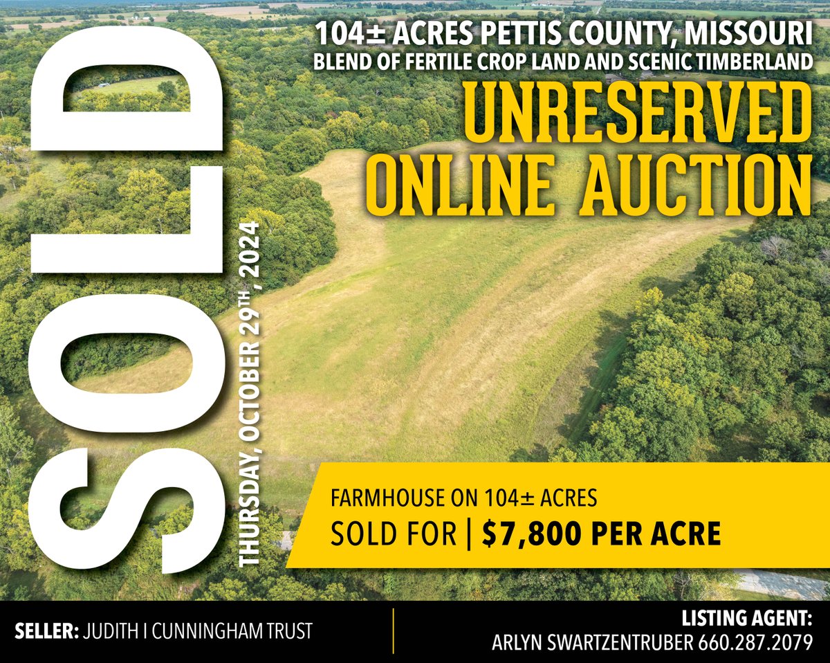 SOLD on BigIron Realty's Online Land Auction This 104+/- acre property located just 3 miles north of Sedalia city limits.

For results, please visit hubs.la/Q02WnvdL0 or contact the listing agent, Arlyn Swartzentruber, today! #BigIronRealty #MissouriLandSOLD #LandSOLD