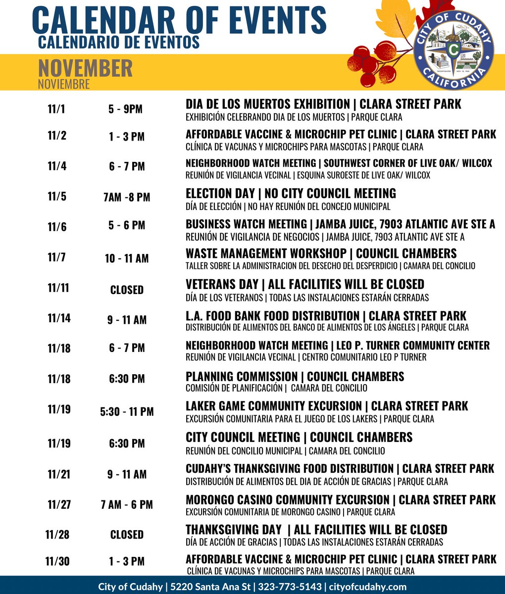 Check out our November Community Calendar! This month is packed with events and opportunities to connect, give back, and celebrate together.
#CommunityCalendar #CityOfCudahyCA
