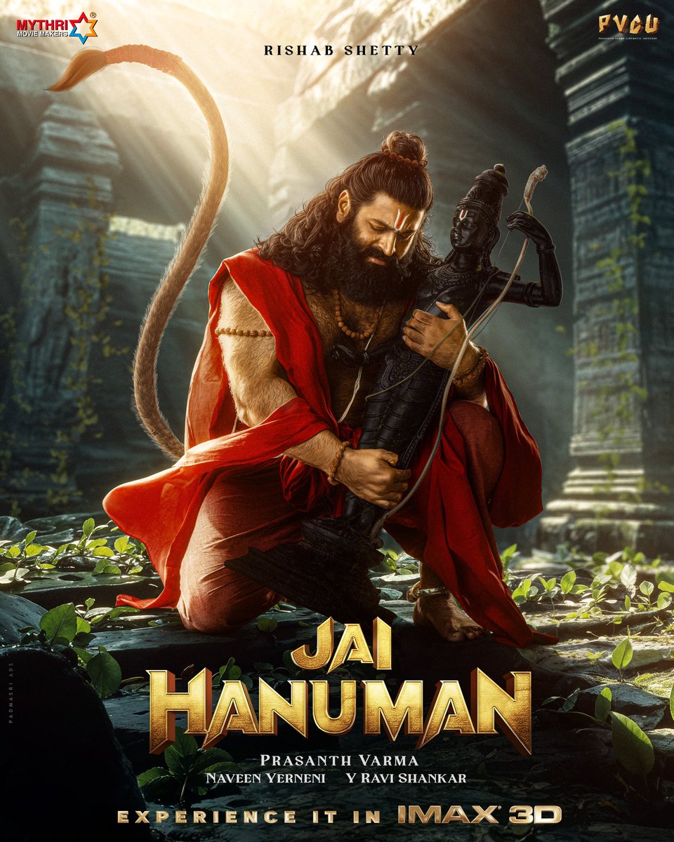 BOCIndia's tweet photo. Director #PrasanthVarma joins hands with #MythriMovieMakers for the sequel to #Hanuman, titled #JaiHanuman featuring #RishabShetty in the title role. The makers unveil the first look... #PVCU7 https://t.co/7f08MdS7IL