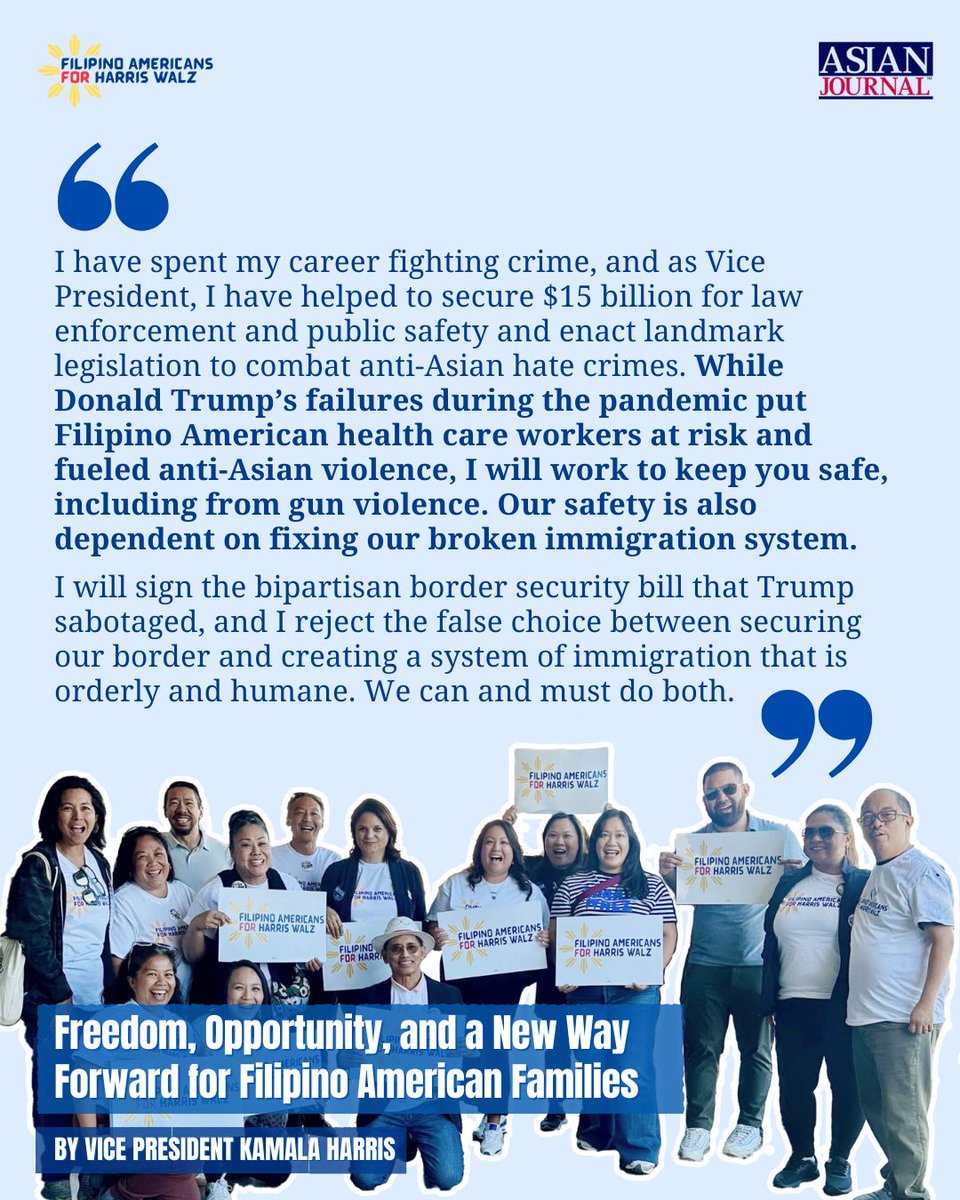 filamsforharris's tweet photo. 📣 ICYMI: Vice President Kamala Harris has penned a historic op-ed, exclusively in Asian Journal, titled "Freedom, Opportunity, and a New Way Forward for Filipino American Families." 🇵🇭✨ 

💬 Read the full op-ed: https://t.co/r9oRMGJ2zQ 

(4/5) https://t.co/pFElhJoRpL