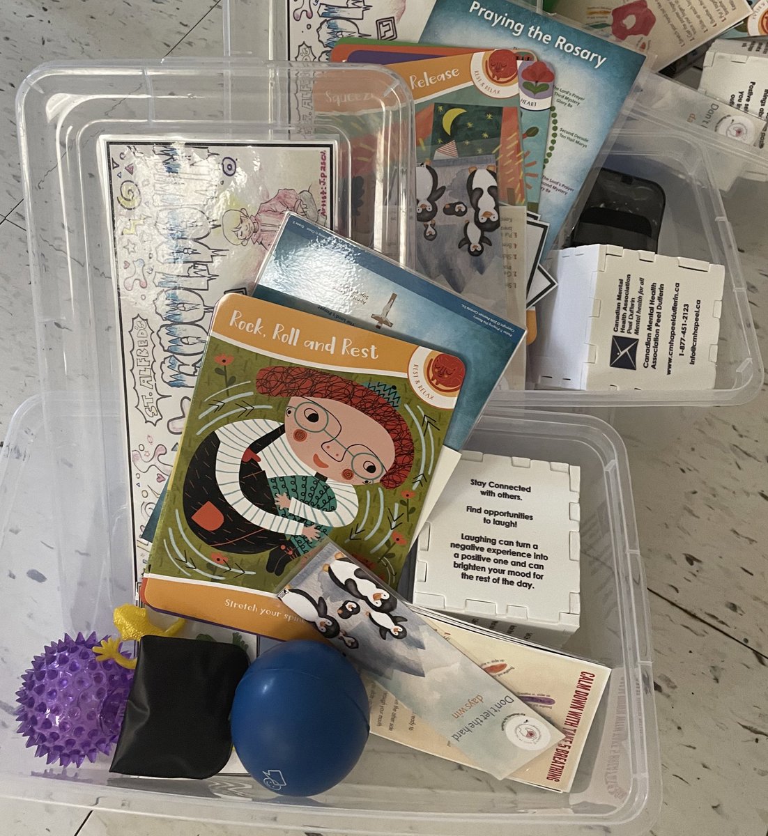 Mrs_A_Isaac's tweet photo. The #WEDREAM team @StAlfred_dpcdsb cleaned, sorted, & restocked the #ProjectCoolDownKits for each class today! Thank you to @ROPpublichealth nurse @chantaleedu for suggesting the grant application to help us fund this project! #CatholicTeachers #SelfRegulation @DPwellness4all https://t.co/625tHpX2gr