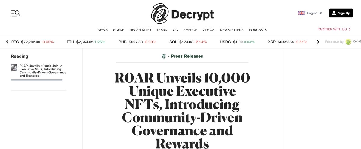 First off the PR conveyor belt: @decryptmedia 🥰

Our upcoming #NFT mint already has over 1400 whitelisted addresses.

Are you bullish enough? 

decrypt.co/289205/r0ar-un…