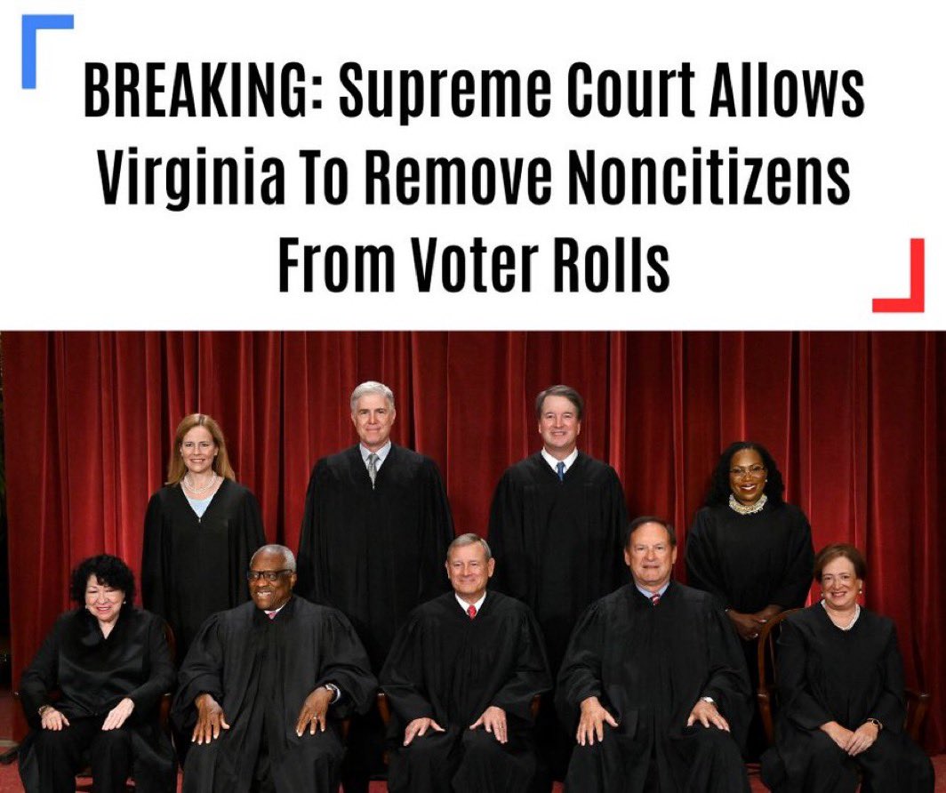 TorstenProchnow's tweet photo. It’s truly astonishing—and deeply troubling—that three Supreme Court Justices were willing to side with the idea of allowing non-citizens on Virginia’s voter rolls. Voting in U.S. elections is a sacred right and privilege reserved for American citizens, and this shouldn’t be up for debate. A ruling to uphold election integrity should have been a unanimous 9-0 decision, not a close 6-3. The fact that nearly a third of the Court sees things differently raises serious questions about their commitment to protecting the integrity of our democratic process.

Allowing non-citizens to participate in American elections undermines the very foundation of representative government. It opens the door to foreign influence and diminishes the voice of legitimate citizens. How can any Justice, tasked with upholding the Constitution, justify a stance that so clearly conflicts with the principles of sovereignty and citizenship? This isn’t a partisan issue—it’s about defending the basic rights of Americans to control their own government.

The ruling from SCOTUS is a victory for now, but the fact that it wasn’t unanimous sends a chilling message. Every state should take steps to ensure only citizens are registered to vote, and it’s high time for a comprehensive approach to safeguard American elections at every level. In 2025, there’s an opportunity to bring real reform that ensures voting rights remain exclusive to American citizens. This issue is far from over, and those who value a fair, transparent, and citizen-driven democracy must remain vigilant.