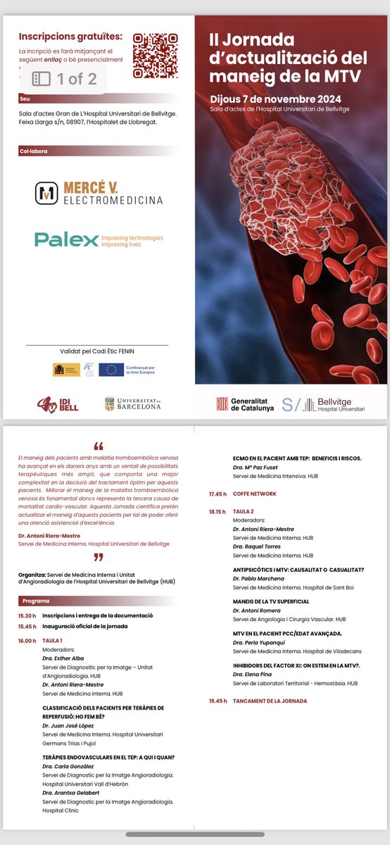 El próximo jueves 7.11.24 Hospital Universitari de Bellvitge la “II Jornada de ETV”, los mejores expertos en la materia. Mesa espectacular de actualización de manejo del TEP, con énfasis en las nuevas terapias endovasculares, y otra sobre situaciones especiales. Inscripcions👇🧵