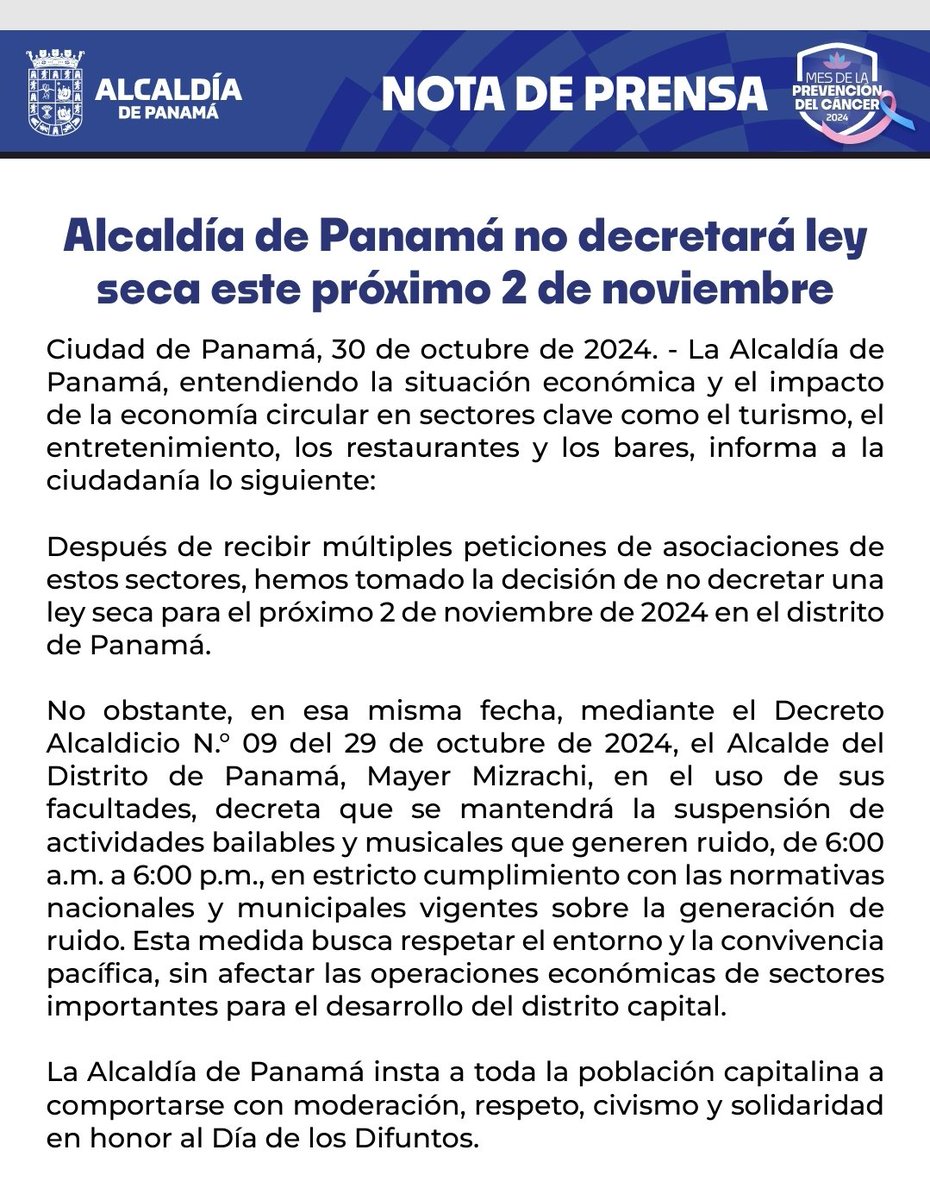 #Nacionales La Alcaldía de Panamá ha decidido no implementar la ley seca en el distrito capital el próximo 2 de noviembre de 2024, Día de los Difuntos.

#ExitosaNoticias
