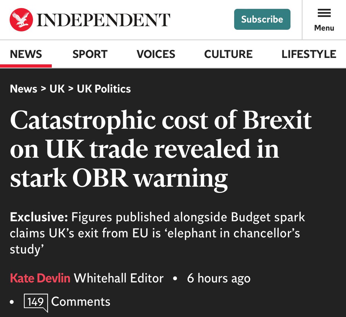 Brexit is on course to cut UK trade by 15%, the OBR has warned. 

In documents published alongside Rachel Reeves’ Budget the OBR said that “weak growth in imports and exports over the medium term partly reflect the continuing impact of Brexit, which we expect to reduce the