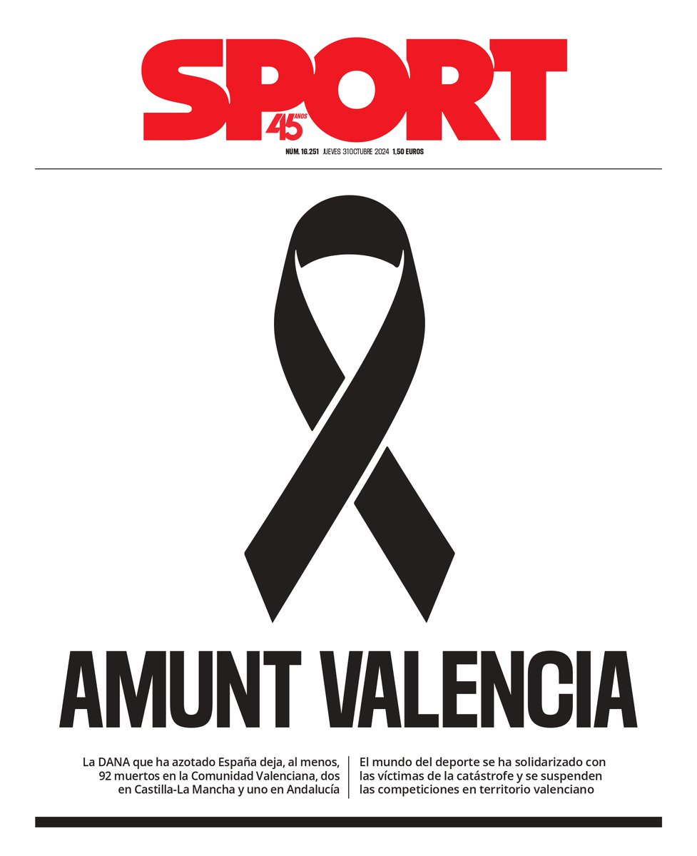 sport's tweet photo. 🖤 Amunt Valencia 

🗞️ La portada SPORT especial por las víctimas de la DANA

https://t.co/R4vU0We7TX https://t.co/oAI3StO7nW