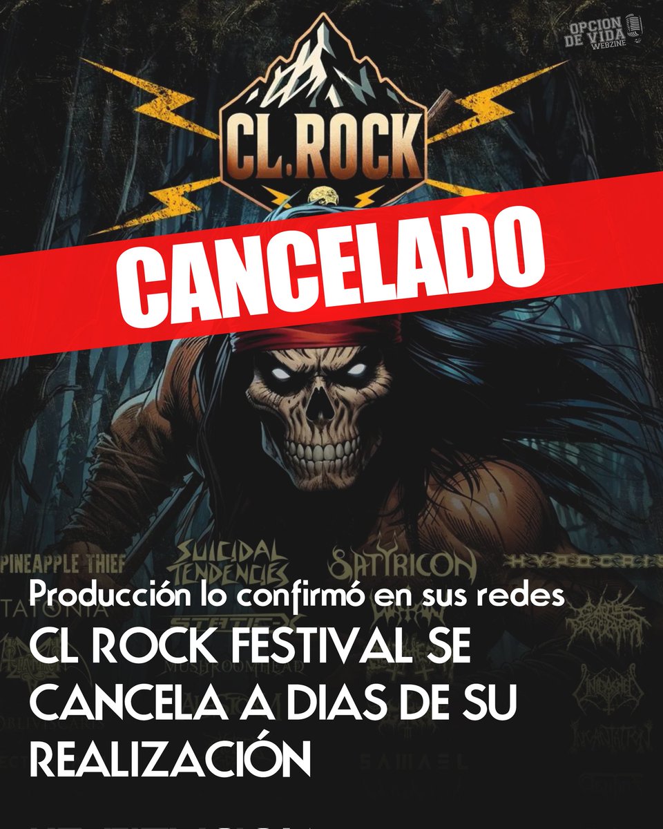 OpciondeVida's tweet photo. Hace instantes, la productora Spider Prod informó que el festival CL.Rock 2024 se cancela.

Pero aseguraron que algunas de las agrupaciones que estaban en el cartel del evento, se presentarán en Chile de manera individual y que serán anunciadas por las productoras a cargo. https://t.co/qrraUrdB8t