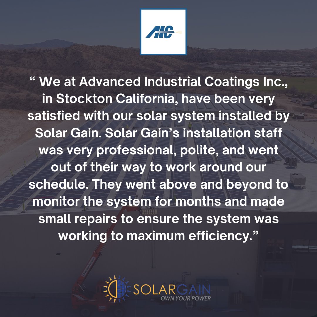 We’re thrilled to hear such positive feedback from Advanced Industrial Coatings, Inc. in Stockton, California! Delivering professional, reliable, and customer-centered service is what Solar Gain is all about. Thank you for trusting us to power your journey to sustainability!