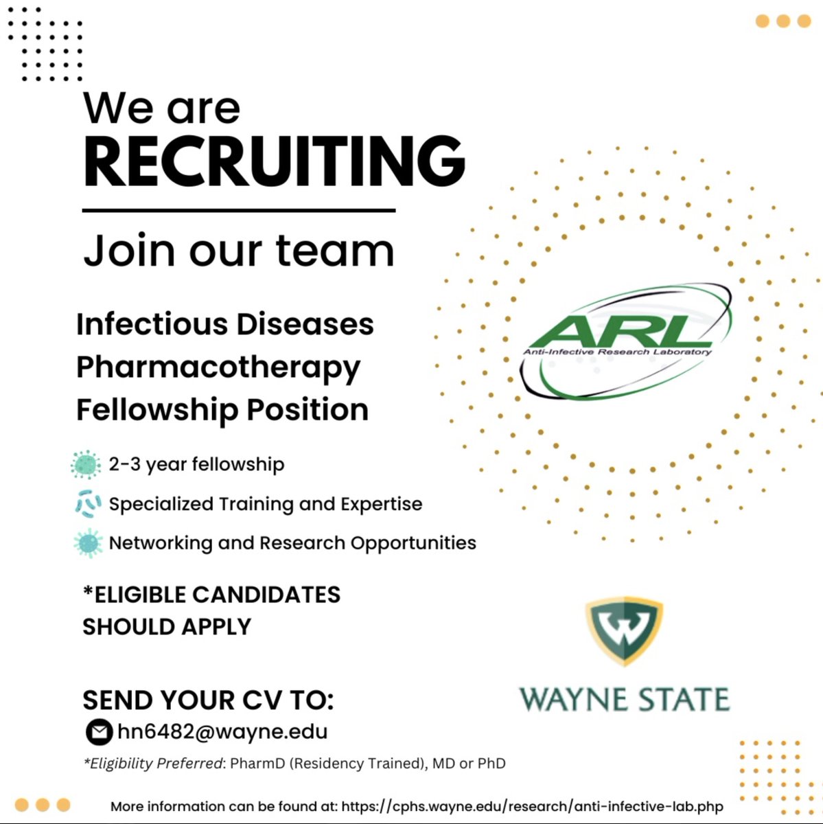 🚨 We're recruiting for our ID fellowship program! 🚨

🕒 2-3 year ID fellowship
📚 Specialized training &amp; research
🤝 Networking opportunities

Preferred: PharmD (Residency Trained), MD, or PhD
Send CVs to 📧 hn6482@wayne.edu.
More info: cphs.wayne.edu/research/anti-…