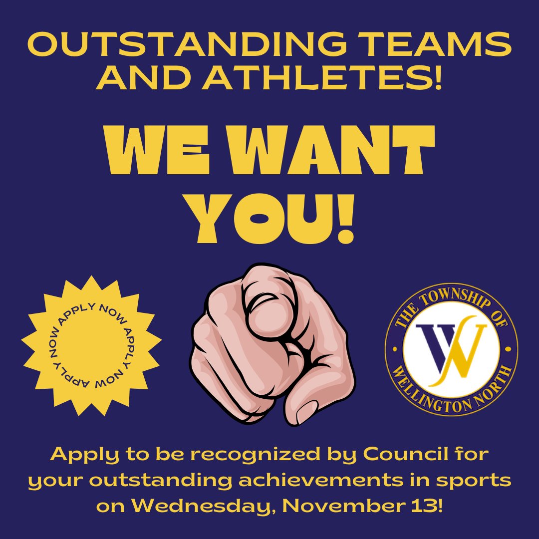 🏆 Calling all Wellington North champions! 🏆

Council wants to recognize athletes &amp; teams who won league, provincial, national, or international championships this season!

📅 Apply by Nov 6 for the Nov 13 ceremony in Kenilworth. More info: ow.ly/xIap50TWpGz