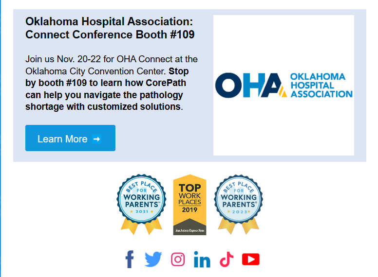 CorePath's tweet image. Our latest Client eNewsletter is out now! View now at: 
bit.ly/4f9YMgc

#AI #NGS #OncData #OncDataAdvisor #diagnostics #cancer #technology #oncology #diagnostics #OHA #OKC #Oklahoma  #pinkoctober #womenshealth #earlydetection #breastcancer #breastcancerawarenessmonth