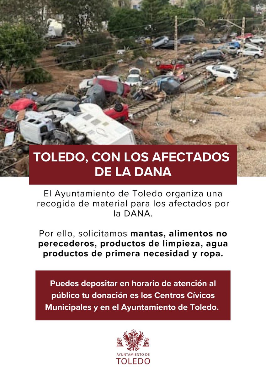 ❗️El Ayuntamiento de #Toledo organiza una recogida de material para los afectados por la #Dana 

✔️Mantas, ropa, alimentos no perecederos, productos de primera necesidad…

Así puedes colaborar 👇🏻