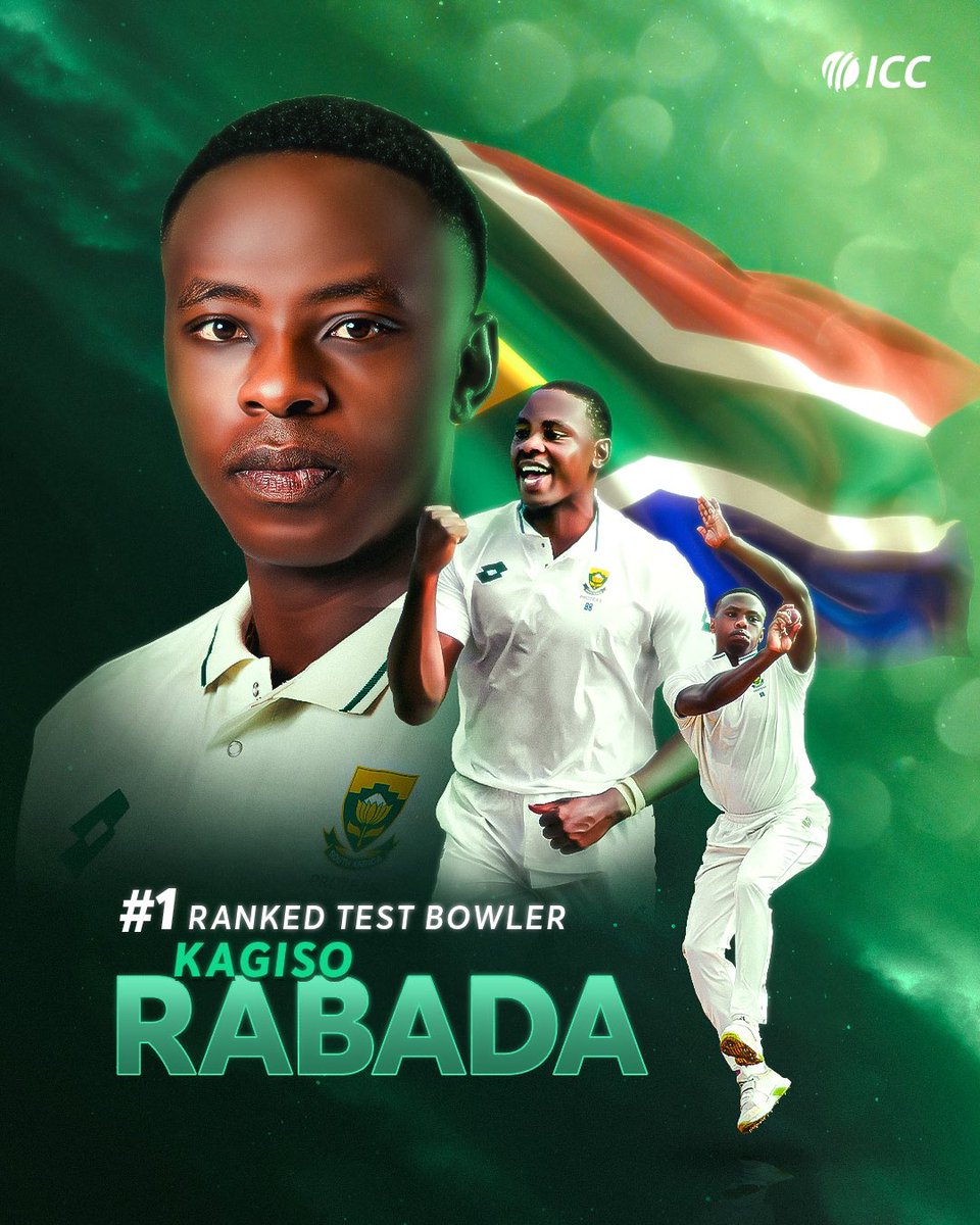 IamMzilikazi's tweet photo. ON TOP OF THE WORLD: South African cricketer, Kagiso Rabada, takes the throne as the new #1 ranked Test bowler in the world. #KagisoRabada #Number1Bowler #CricketLegend✊🏿 https://t.co/BDWt3qKHia