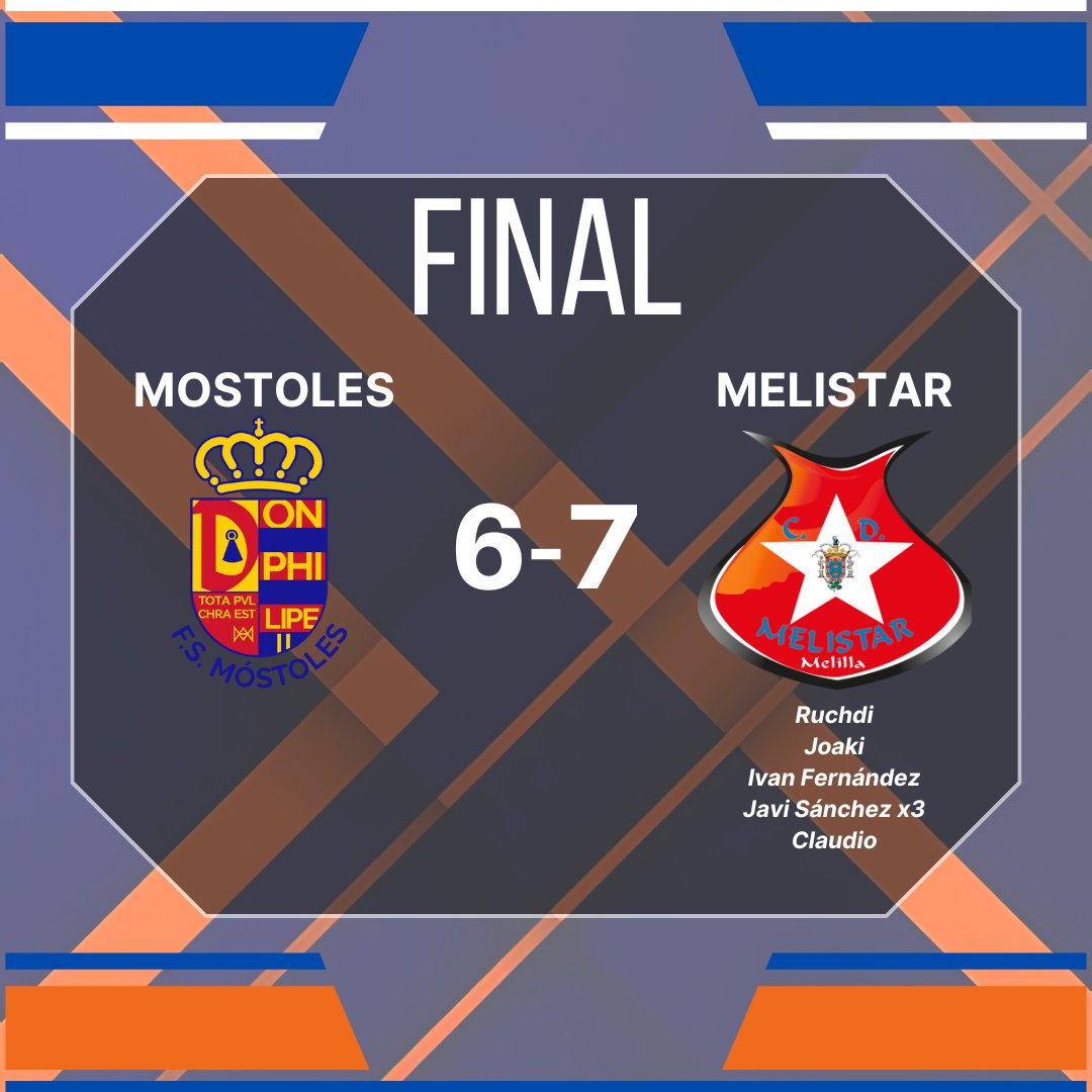 MELISTAR FS - Melilla Ciudad del Deporte (@melistar_fs) on Twitter photo FINAAAAAAAL EN MÓSTOLES
<a href="/1mostolesfs/">MRB-FS Móstoles</a> 6-7 <a href="/Melistar_FS/">MELISTAR FS - Melilla Ciudad del Deporte</a>
Partido de locos en el que los locales se imponían 4-1 al descanso y llegaron a estar 6-2 a falta de 8 minutos. El juego de 5 y la aparición del capitán <a href="/javiGalindo8/">Javi Sánchez López</a> obran una remontada increíble en la recta final!! FINAAAAAAAL EN MÓSTOLES
<a href="/1mostolesfs/">MRB-FS Móstoles</a> 6-7 <a href="/Melistar_FS/">MELISTAR FS - Melilla Ciudad del Deporte</a>
Partido de locos en el que los locales se imponían 4-1 al descanso y llegaron a estar 6-2 a falta de 8 minutos. El juego de 5 y la aparición del capitán <a href="/javiGalindo8/">Javi Sánchez López</a> obran una remontada increíble en la recta final!!