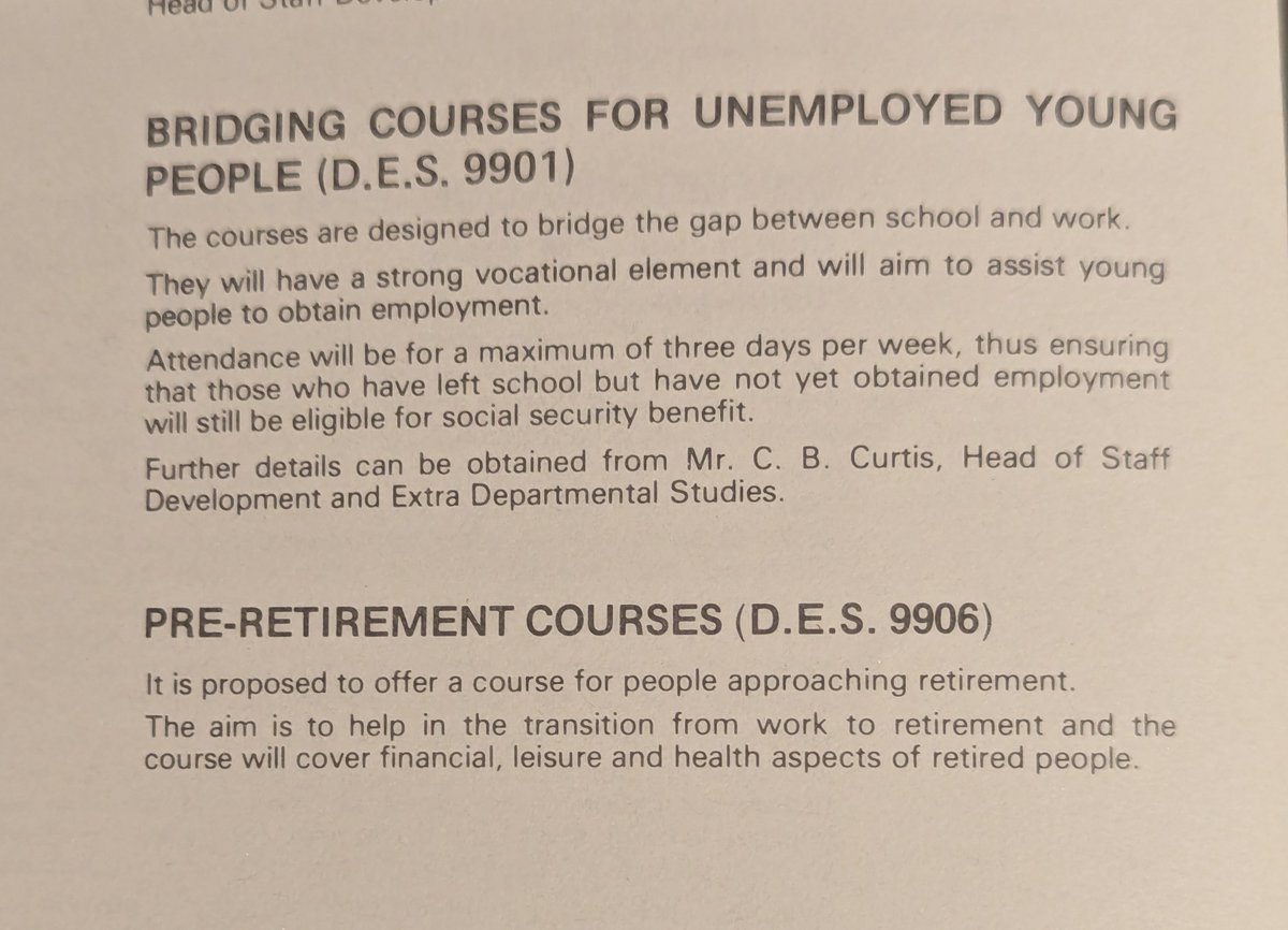 What other sector of Education has got you covered throughout your life? Courses for unemployed young people/Pre-Retirement Courses-From Keighley Technical College prospectus 1977-78 #FE #HistEd #AdultEd