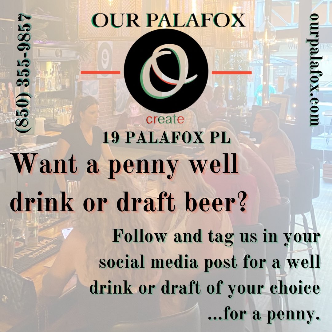 ⚡️Welcome to Our Palafox!⚡️
We’re new to the block! 

Come check us out &amp; get a 🍸well drink or🍺draft beer for a penny when you follow &amp; tag us on social media. We have something for everyone, vegan, 🌱vegetarian, &amp; gluten-free included. Learn more at: ourpalafox.com