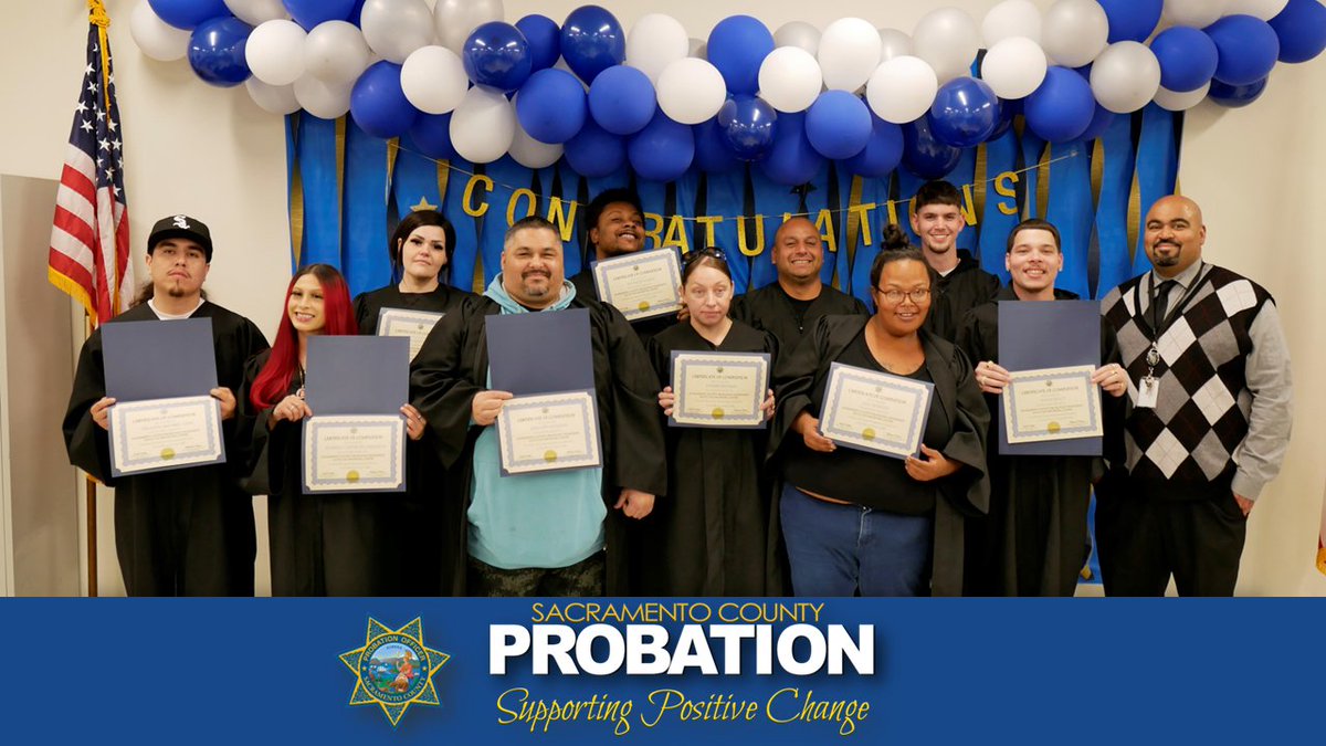 SacCoProbation's tweet photo. Our Central Adult Day Reporting Center celebrated the graduation of ten clients. The ADRC program offers clients cognitive behavioral treatment interventions, substance misuse treatment, self-help courses, educational programming, connection to housing, and vocational assistance. https://t.co/FvH6gSwInJ