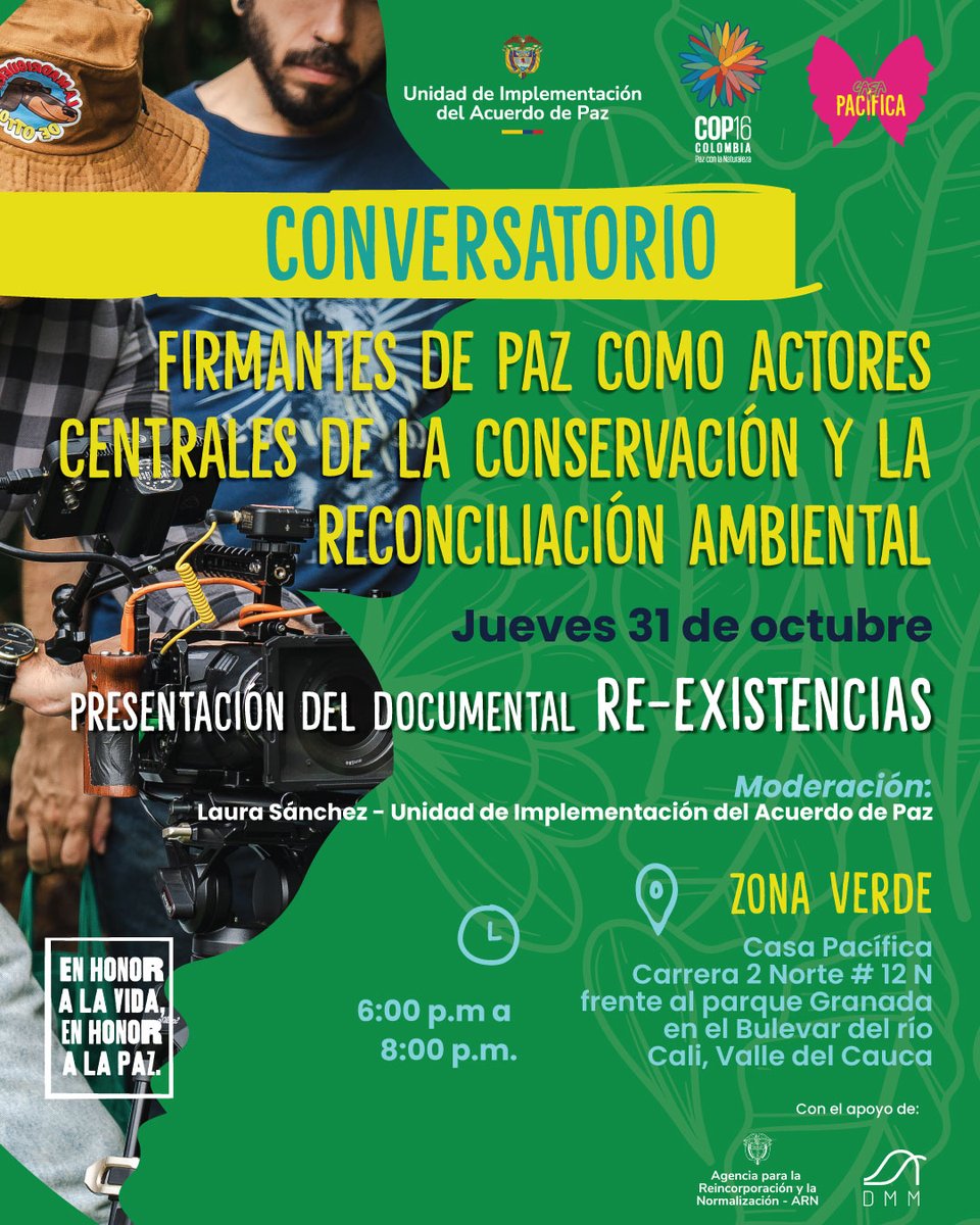 UAcuerdoPaz's tweet photo. 🌍✨ Estamos llegando a la recta final de la #COP16Colombia, ¡mañana no te pierdas este conversatorio y el lanzamiento del documental Re-Existencias en la Casa Pacífica!🎬💚🌎🕊️¡Acompáñanos en este camino hacia la #PazConLaNaturaleza! 🌱💫
🔴¡Síguelo en 👉 https://t.co/NRl6wNZVvg https://t.co/xSG6vMwKvw