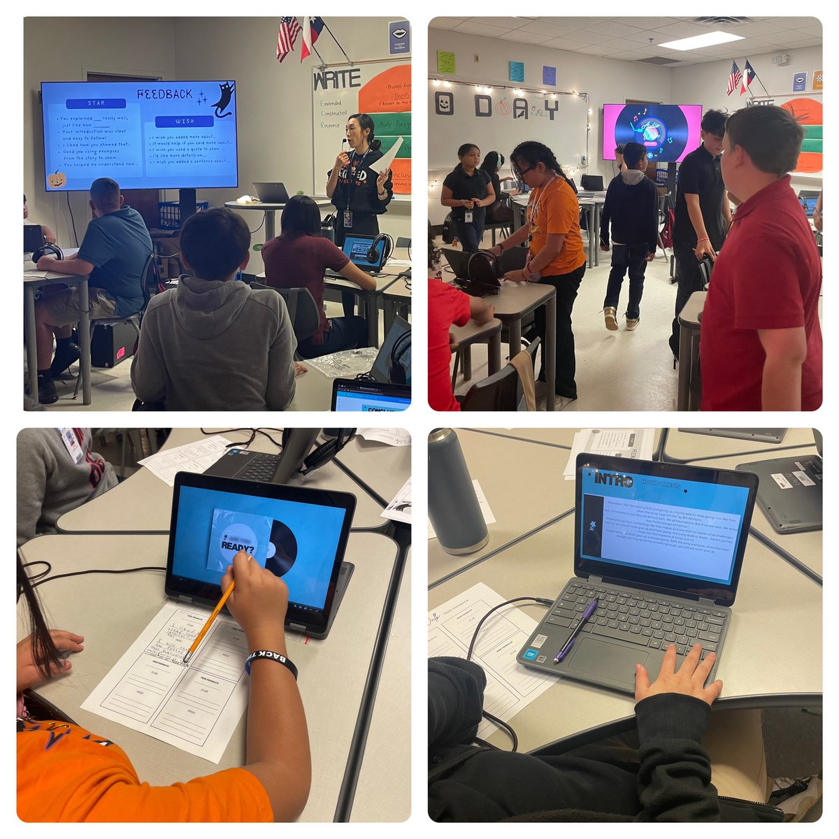 Poetamaestra's tweet photo. What a treat to visit @AMS_HopeLee classroom as students were spellbound during their “Audio Walk Peer Feedback” activity! Analyzing how the 🎶 lyrics connected with A Long Walk to Water was a joy for them! 📝🔍💜@Austin_Broncos #mixpairsharekaganstrategy #sentenceframes https://t.co/GpCOYMJY1O