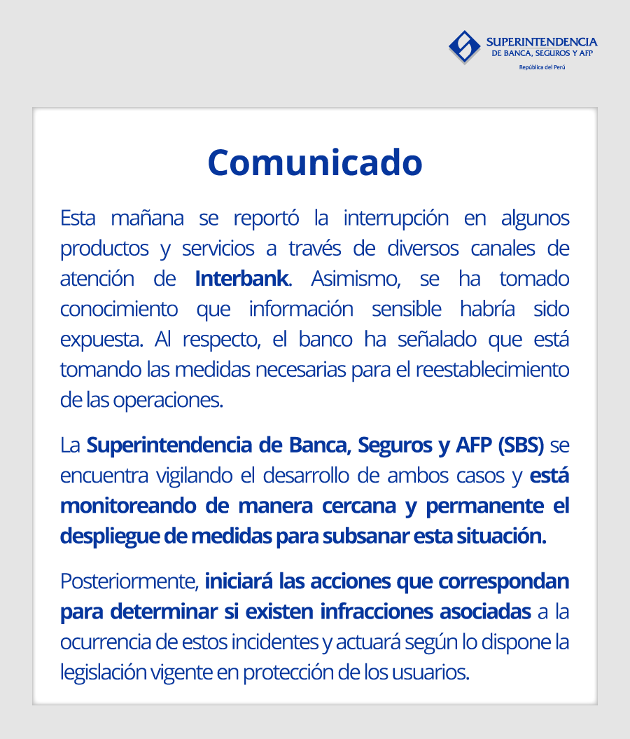 SBSPERU's tweet photo. Respecto a las incidencias presentadas en los servicios y canales de Interbank, la #SBSPerú comunica lo siguiente 👇 https://t.co/dMgpEkEWt2