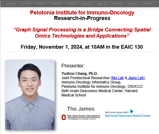 OhioStatePIIO's tweet photo. ๐ You donโt want to miss Dr. @Yuzhou_Chang's #PIIO Research-in-Progress seminar, 10AM, Nov. 1 at EAIC 130! Heโll discuss how #GraphSignalProcessing is bridging the gap between #SpatialOmics technologies and real-world applications. ๐งฌ Join us to explore why #SpatialOmics is revolutionizing our understanding of complex tissue environments!