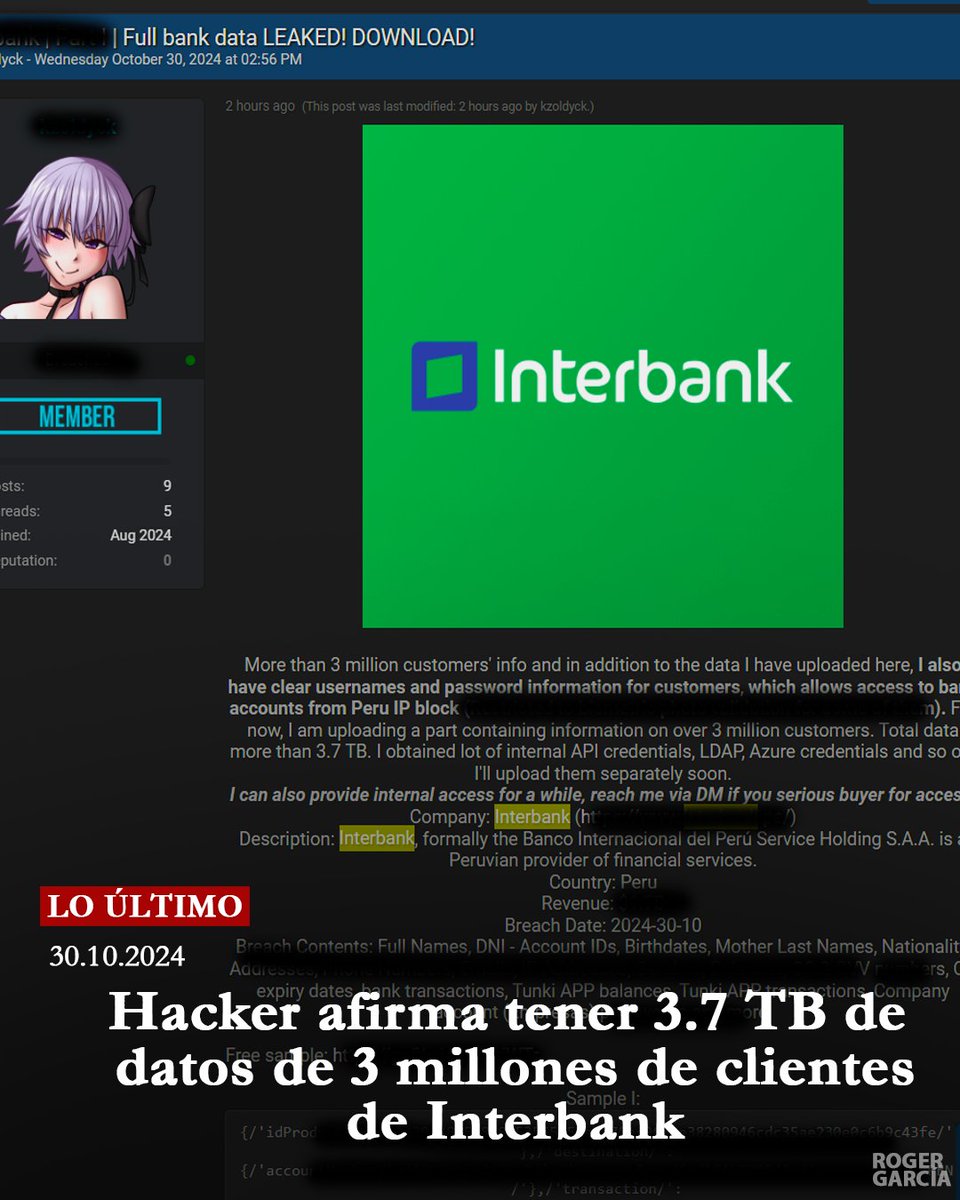 #LOÚLTIMO #URGENTE Hoy un H4ck3r afirma haber filtrado datos de 3 millones de clientes peruanos del banco Interbank. 

Los datos expuestos son: nombres, fecha de nacimiento, direcciones, teléfonos, correos, datos de tarjetas, CVV, contraseñas, credenciales de API internas, LDAP,