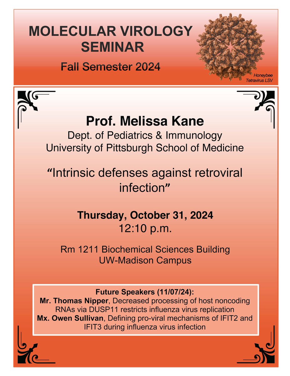 MadisonVirology (@madisonvirology) on Twitter photo Join us tomorrow for Molecular Virology Seminar to hear from Prof. Melissa Kane (<a href="/Cornymel/">Melissa Kane PhD š¬</a>) about defenses against retrovirus infection!
UW students, postdocs, and staff are also welcome to a luncheon with Dr. Kane following her seminar. Join us tomorrow for Molecular Virology Seminar to hear from Prof. Melissa Kane (<a href="/Cornymel/">Melissa Kane PhD š¬</a>) about defenses against retrovirus infection!
UW students, postdocs, and staff are also welcome to a luncheon with Dr. Kane following her seminar.