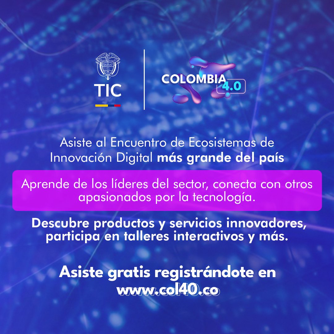 ¡Este 30 y 31 de octubre tienes una cita con la innovación! En Colombia 4.0, podrás conectarte con los grandes exponentes de la innovación digital a nivel mundial.
🔗​ col40.co