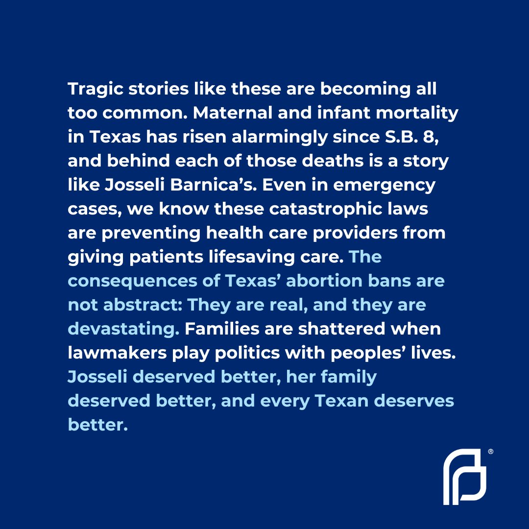 PPGulfCoast's tweet photo. Today, new ProPublica reporting tells the story of yet another tragic, preventable death under a state abortion ban—this time, Texas’ S.B. 8. In 2021, Josseli Barnica, a young Houston mother, could not get the lifesaving care she needed from a hospital during a miscarriage. https://t.co/JTGaeY8RYQ