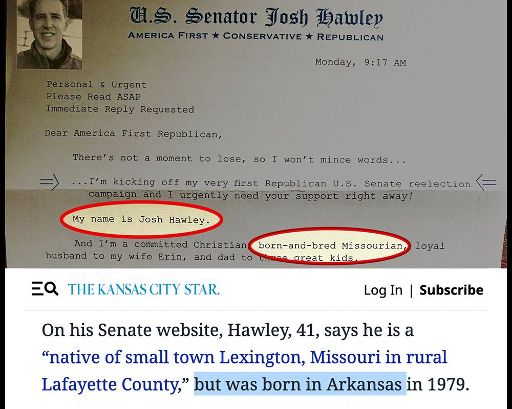 LucasKunceMO's tweet photo. Josh Hawley says he's pro-IVF, but against the Right To IVF Act. Pro-worker, but won’t cosponsor the PRO Act. Pro-border security, but against bipartisan border bills. He'll say whatever he thinks will help his campaign.

He'll even lie about being born in Missouri: https://t.co/gSCi4VA1HZ