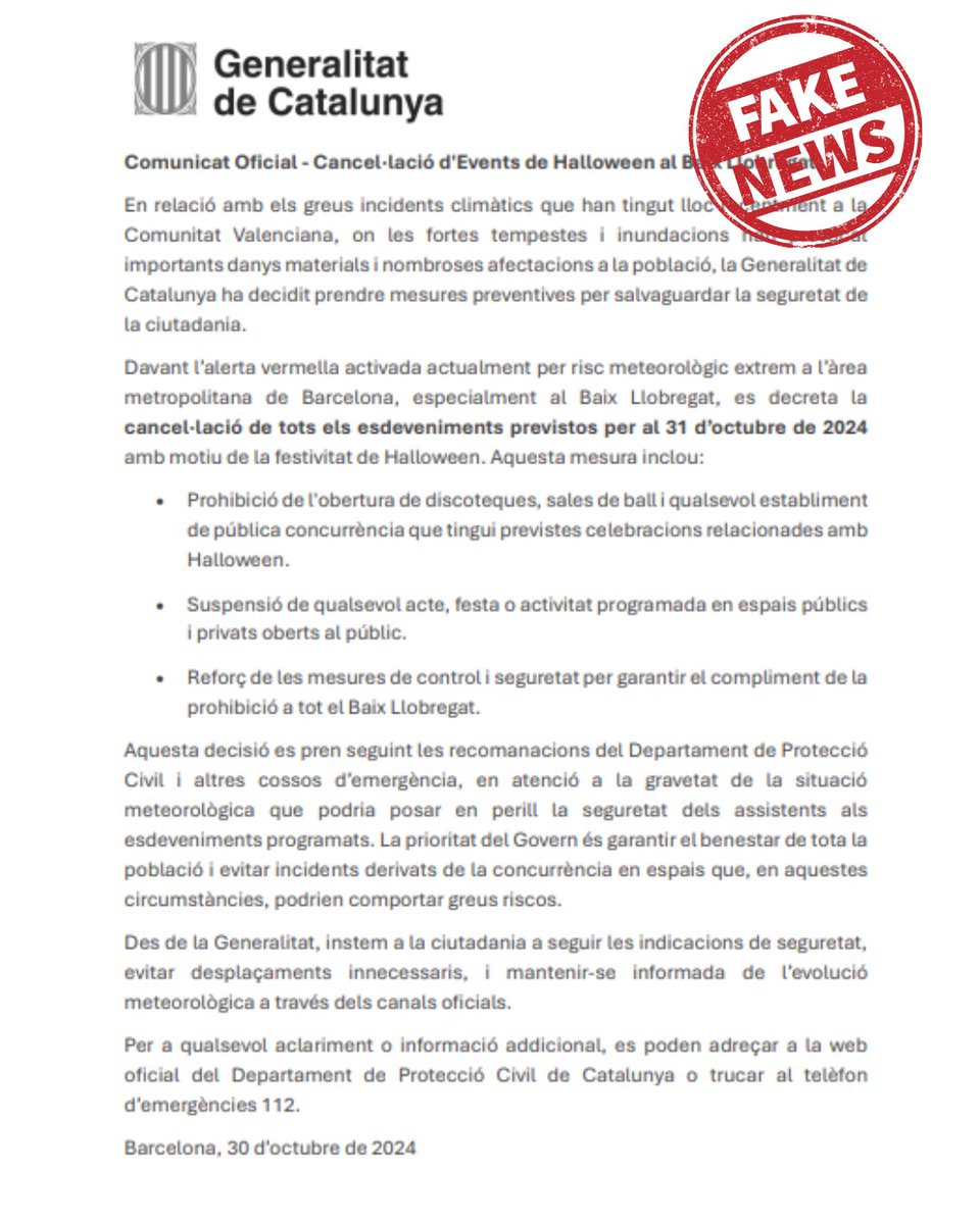 Protecció civil (@emergenciescat) on Twitter photo 🚨 #FAKENEWS
❌ Circula el rumor que <a href="/gencat/">Generalitat de Catalunya</a> ha cancel·lat tots els esdeveniments previstos pel 31 d’octubre de 2024 a conseqüència dels aiguats al País Valencià.
Aquesta informació és FALSA
Seguiu els canals oficials per informar-vos si es decreta alguna mesura preventiva 🚨 #FAKENEWS
❌ Circula el rumor que <a href="/gencat/">Generalitat de Catalunya</a> ha cancel·lat tots els esdeveniments previstos pel 31 d’octubre de 2024 a conseqüència dels aiguats al País Valencià.
Aquesta informació és FALSA
Seguiu els canals oficials per informar-vos si es decreta alguna mesura preventiva