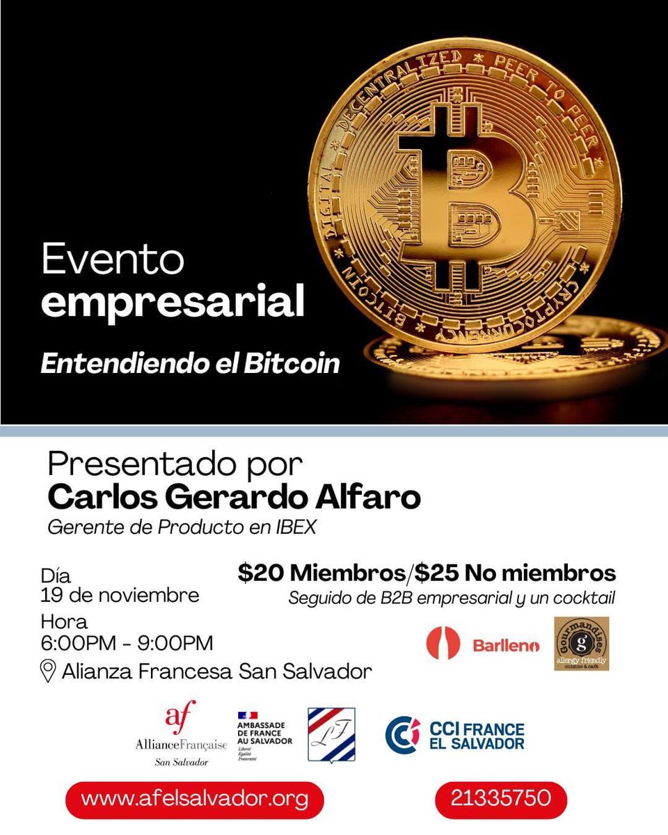 <a href="/lfelsalvador1/">lfelsalvador</a> <a href="/CCIFRANCESV/">Cámara Francosal</a> @FR_El_Salvador 

Inscripciones: afelsalvador.org/carrito/#/addE…

#AlianzaFrancesa #Bitcoin #Criptomonedas #EventosEmpresariales #networking #ElSalvador #EducaciónFinanciera #blockchain #EconomíaDigital #ComunidadBitcoin
