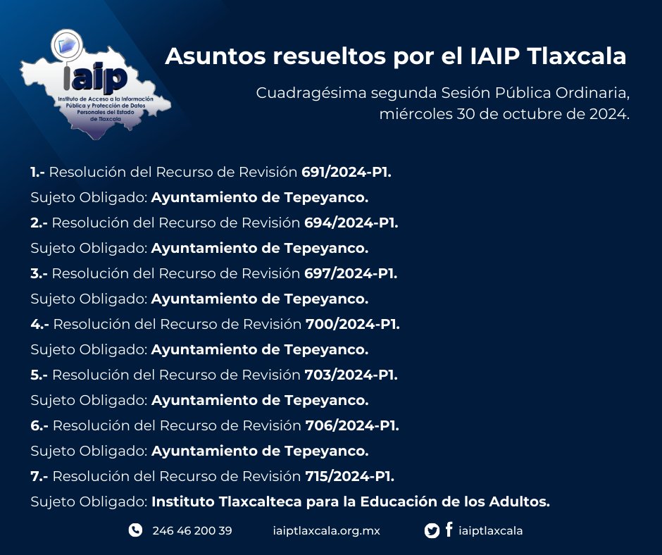📌 Durante la Cuadragésima segunda Sesión Pública Ordinaria del #IAIPTlaxcala 🔎 🙋🏻‍♂️🙋🏻‍♀️🙋🏻‍♂️ la Comisionada Presidenta <a href="/PiedrasLic/">Lic. Maribel Rodríguez Piedras</a> y los Comisionados Ángel Espinoza Ponce y <a href="/ArturoDeCasa_1/">Arturo De Casa Vega</a>, que integran el Pleno del Consejo General resolvieron los siguientes asuntos 📁.