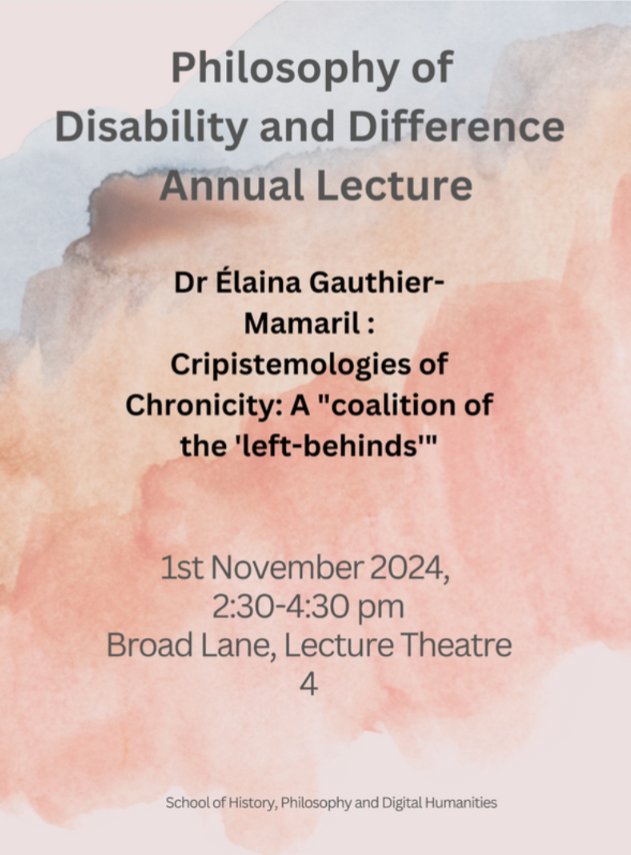 Dr Élaina is cripping out (@elainagmamaril) on Twitter photo I'm honoured to be the speaker for the 2nd annual Philosophy of Disability and Difference lecture at <a href="/Sheffphilosophy/">Sheffield Philosophy</a> . If you want to hear more about Cripistemologies of Chronicity, come to the Broad Lane LT 4 at 2:30 on Friday 1 November. <a href="/WAARC_Sheffield/">Anti-Ableist Research Cultures</a> #CripTheory I'm honoured to be the speaker for the 2nd annual Philosophy of Disability and Difference lecture at <a href="/Sheffphilosophy/">Sheffield Philosophy</a> . If you want to hear more about Cripistemologies of Chronicity, come to the Broad Lane LT 4 at 2:30 on Friday 1 November. <a href="/WAARC_Sheffield/">Anti-Ableist Research Cultures</a> #CripTheory
