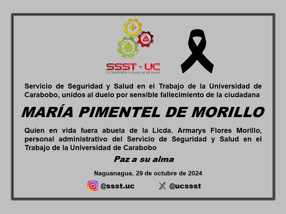 UcSsst's tweet photo. Unidos al duelo por sensible fallecimiento

Paz a su alma

Servicio de Seguridad y Salud en el Trabajo de la Universidad de Carabobo https://t.co/NkEU7xoK3V
