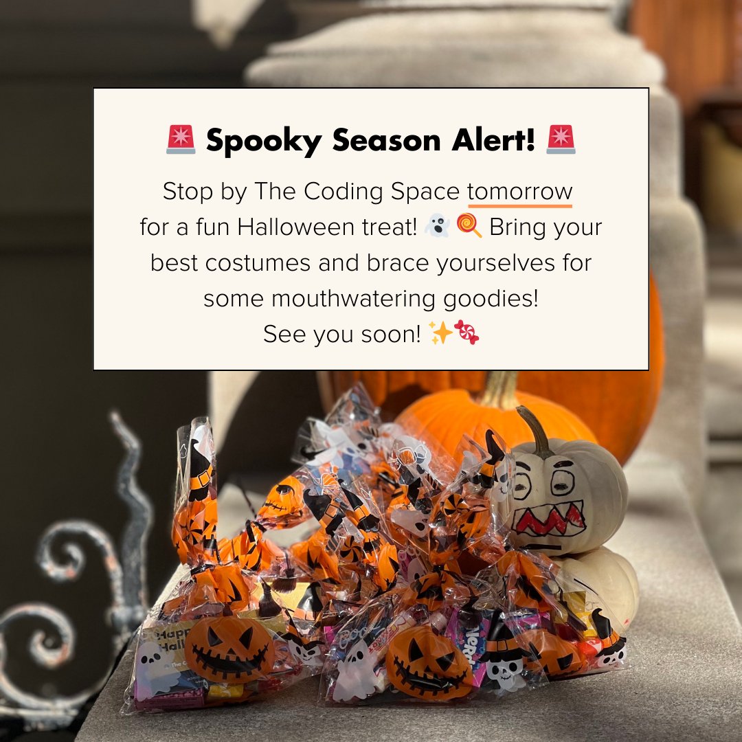 thecodingspace's tweet image. Tomorrow 10/31 from 4pm-7pm, stop by The Coding Space Upper East Side (201 E. 83rd St) and Park Slope (461 6th St., entrance on 7th Ave) for a fun Halloween treat! Bring your best costumes! 👻🍭✨
#youth #halloween #autumn #ues #newyorkcity #nyc #manhattan #brooklyn #parkslope