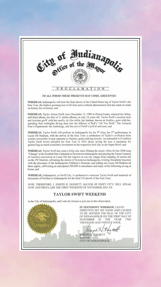 Mayor Joe Hogsett (@indymayorjoe) on Twitter photo In honor of the upcoming three nights of Taylor Swift's #ErasTour at <a href="/LucasOilStadium/">Lucas Oil Stadium</a> and the expected nine-figure economic impact it will bring to our city, I'm pleased to proclaim the first weekend of November, 2024 as 'Taylor Swift Weekend' in the City of Indianapolis. In honor of the upcoming three nights of Taylor Swift's #ErasTour at <a href="/LucasOilStadium/">Lucas Oil Stadium</a> and the expected nine-figure economic impact it will bring to our city, I'm pleased to proclaim the first weekend of November, 2024 as 'Taylor Swift Weekend' in the City of Indianapolis.