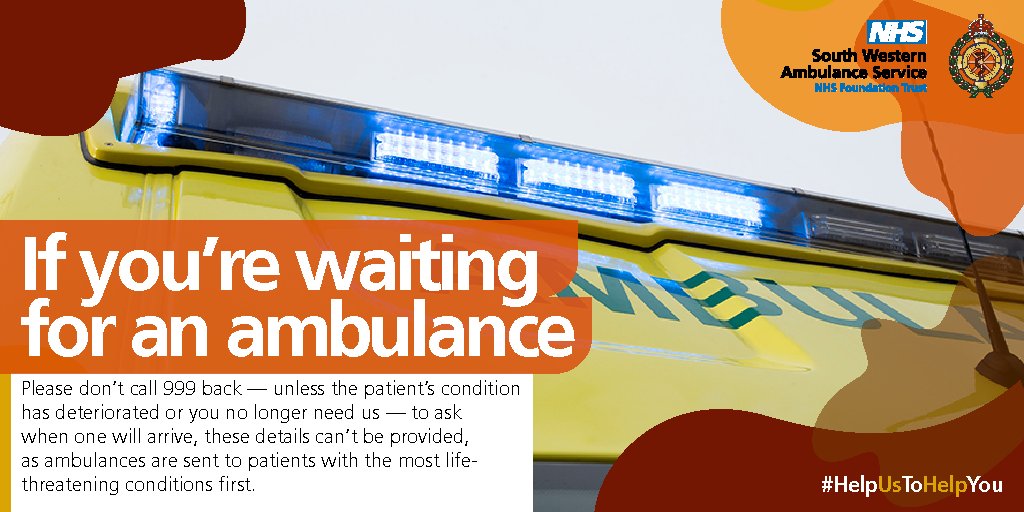 If you’re waiting for an ambulance, please do not ring back to ask for an estimated arrival time. 📞🚨

Only call back if the patient’s condition deteriorates or you no longer need our help. 🚑

#HelpUsToHelpYou #MakeTheRightCall