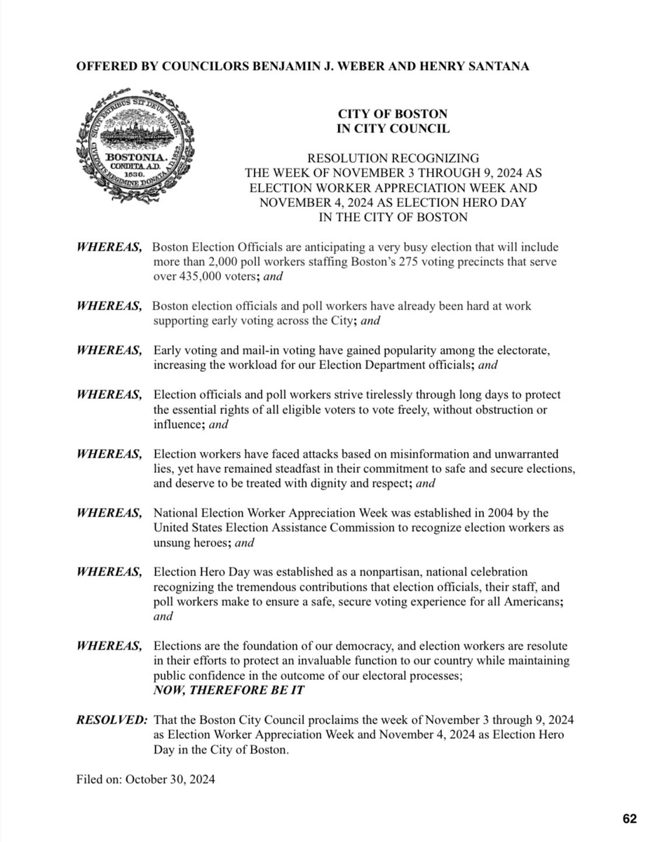 Henry Santana (@clrhenrysantana) on Twitter photo Proud to honor our Boston Election Officials & Poll Workers who uphold the integrity of our elections and serve 275 precincts & 435k+ voters by co-sponsoring a resolution with <a href="/ben4district6/">Benjamin Weber</a> & <a href="/Ruthzee/">Ruthzee Louijeune</a> recognizing Election Worker Appreciation Week & Election Hero Day in Boston. Proud to honor our Boston Election Officials & Poll Workers who uphold the integrity of our elections and serve 275 precincts & 435k+ voters by co-sponsoring a resolution with <a href="/ben4district6/">Benjamin Weber</a> & <a href="/Ruthzee/">Ruthzee Louijeune</a> recognizing Election Worker Appreciation Week & Election Hero Day in Boston.